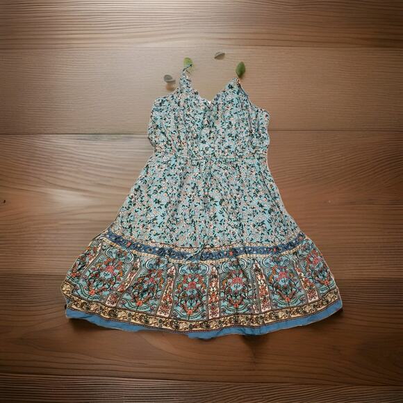 Floral Maxi Dress Women's XL Blue Pink Smocked Back Ric Rac Straps Boho Summer - Picture 1 of 10